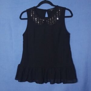 Soprano Black Embellished Collar Top L Sleeveless Ruffle Hem Stretch